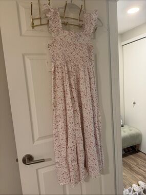 Smocked Pink Floral Midi Dress with Ruffle Straps